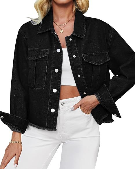 Damen Cropped Denimjacke mit Fransenabschluss und aufgesetzten Brusttaschen Echo Archiv