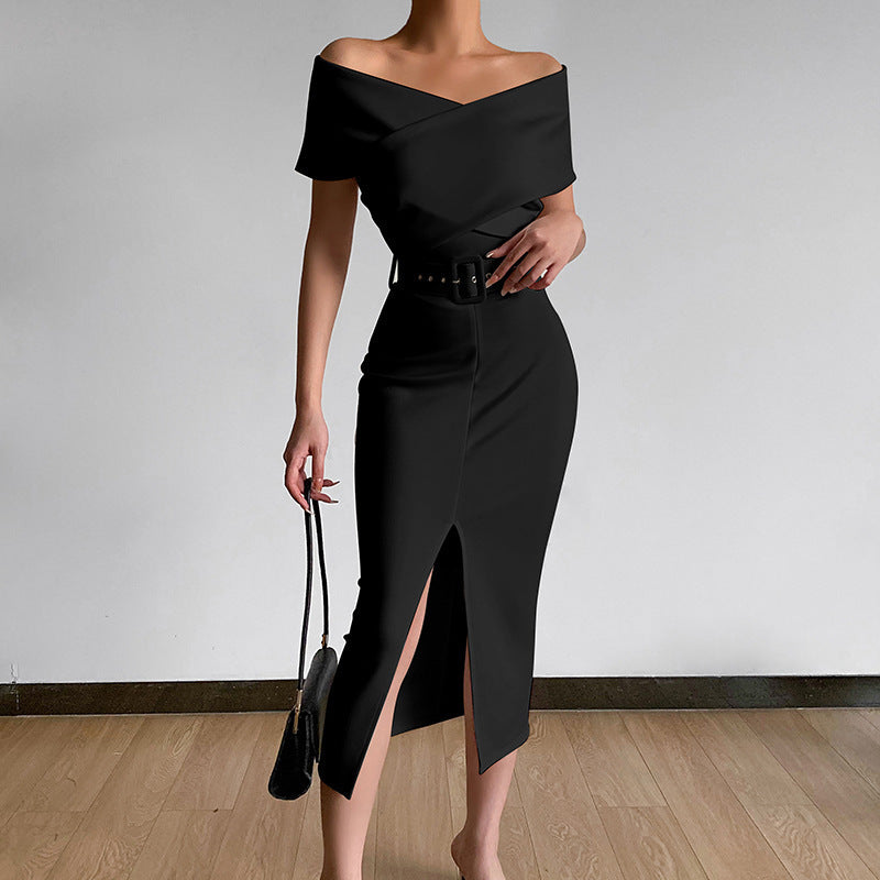 Damen Off-Shoulder Maxikleid mit Taillengürtel und seitlichem Schlitz Echo Archiv