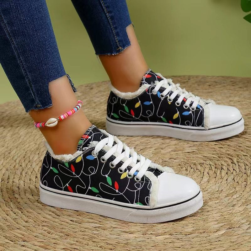 Damen Leinensneaker mit buntem Lichterketten-Print und fransigem Schaft Echo Archiv