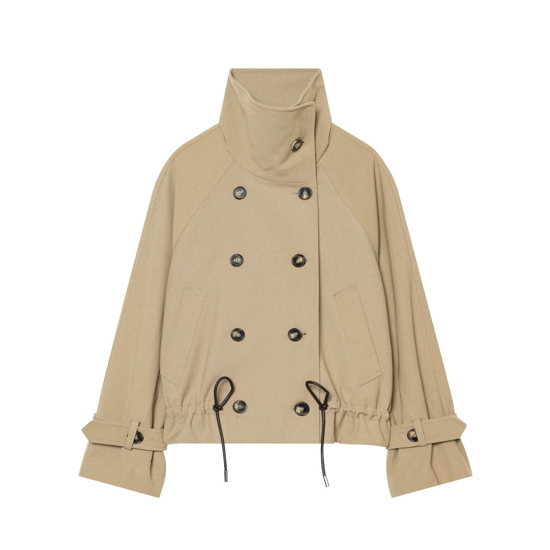 Damen Cropped Trenchjacke mit hohem Funnelkragen, Raglanärmeln und Tunnelzug‑Taillierung Echoarchiv