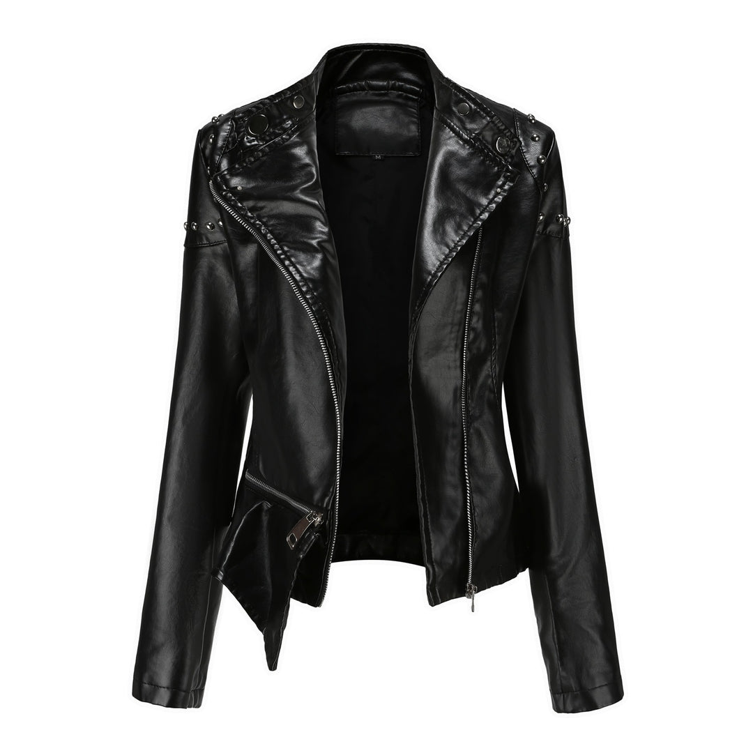 Damen nan asymmetrische Kunstleder-Bikerjacke mit Nietenapplikation und tailliertem Schößchen Echo Archiv