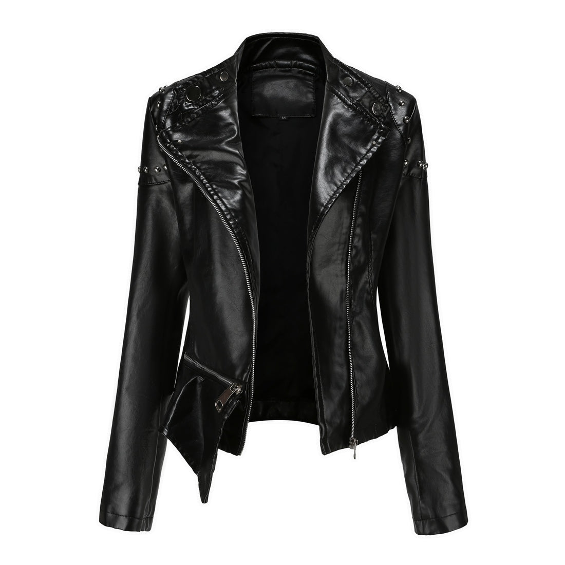 Damen asymmetrische Kunstleder-Bikerjacke mit Nietenapplikation und tailliertem Schößchen – Célinea