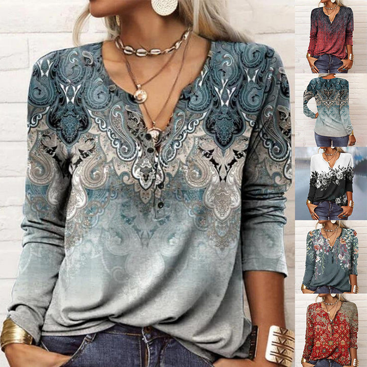 Damen Lockeres Langarm‑Henleyshirt mit V‑Ausschnitt, Knopfleiste und Ombre‑Print – Avérine