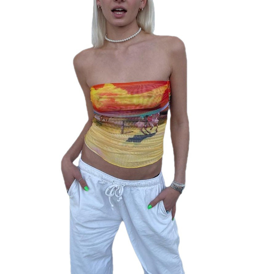 Damen Bandeau-Oberteil mit buntem, künstlerischem Druck und elastischem Material Echo Archiv