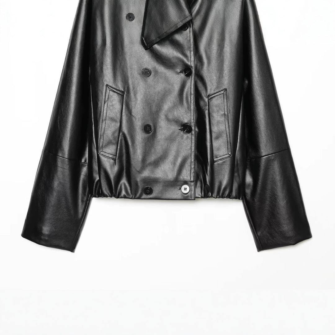 Damen Cropped Kunstlederjacke mit weitem Funnelkragen und doppelreihiger Knopfleiste Echoarchiv
