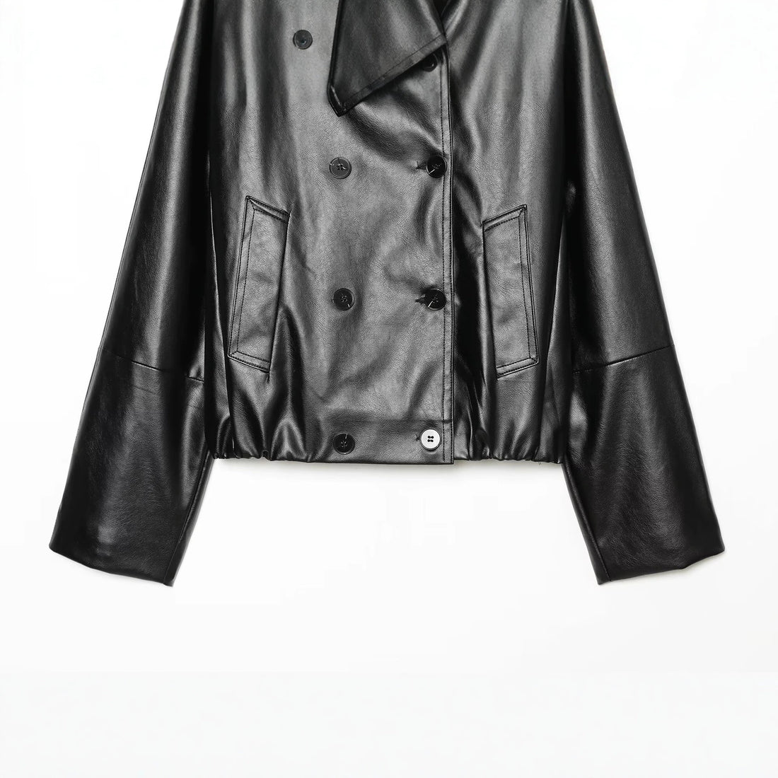 Damen Cropped Kunstlederjacke mit weitem Funnelkragen und doppelreihiger Knopfleiste Echoarchiv