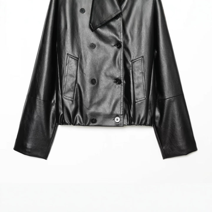 Damen Cropped Kunstlederjacke mit weitem Funnelkragen und doppelreihiger Knopfleiste Echoarchiv