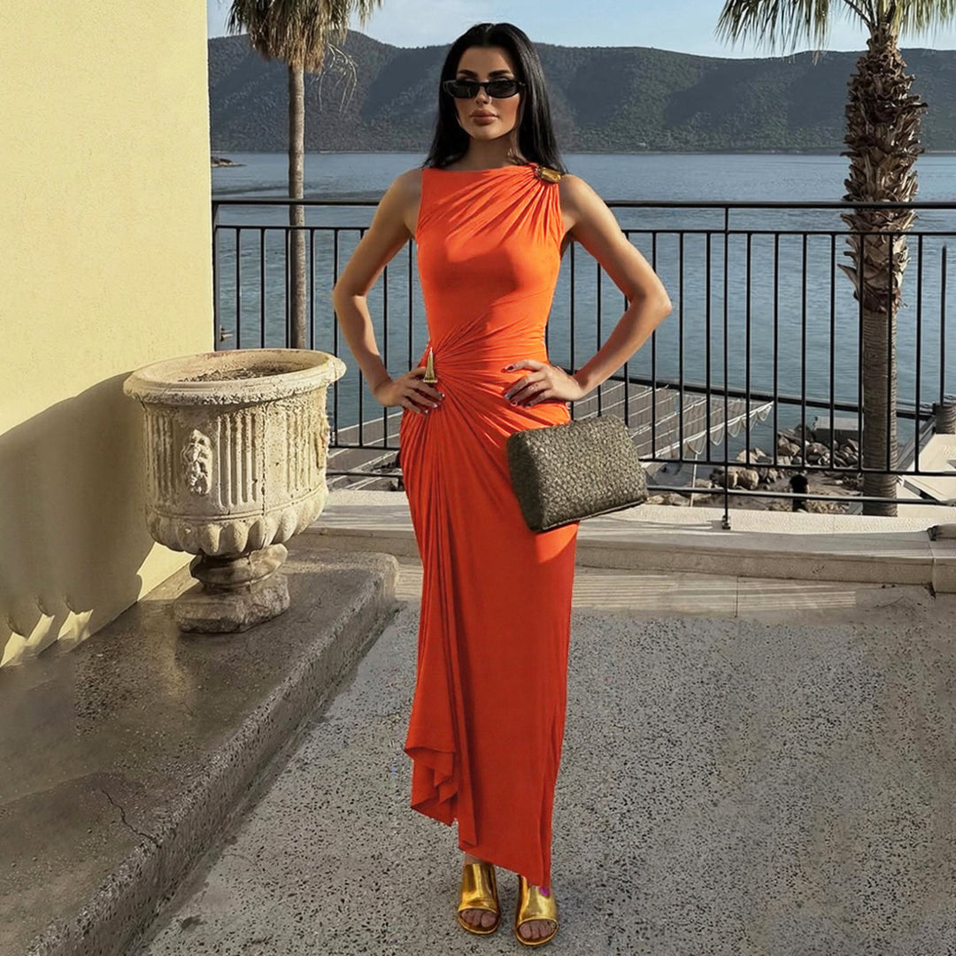 Damen figurbetontes Maxikleid mit asymmetrischem Schnitt und elegantem Raffungselement Echo Archiv