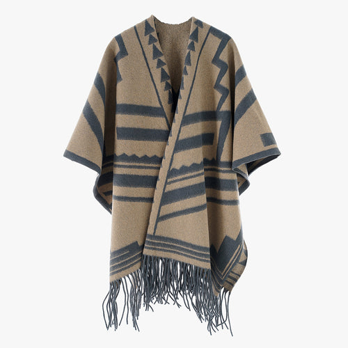 Damen Aztekisch inspirierter Wollmix-Überwurf mit asymmetrischem Fall und Fransensaum – Avérine