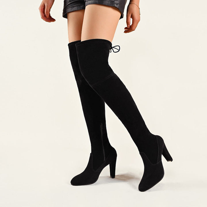 Damen Overknee-Stiefel aus hochwertigem Wildleder mit seitlichem Reißverschluss und eleganter Schnürung Echoarchiv