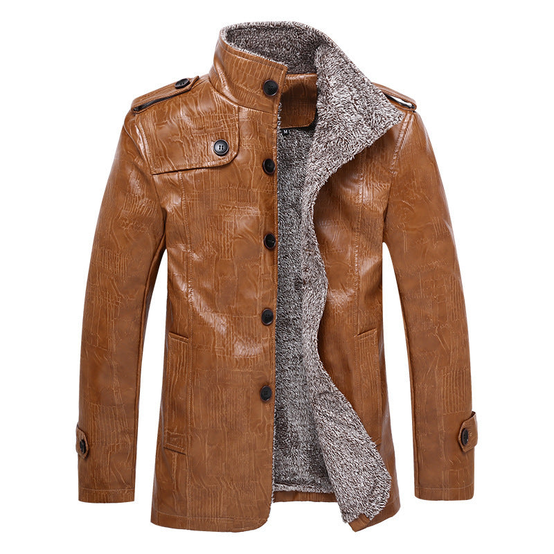 Herren Texturierte Kunstleder-Midlayerjacke mit Teddyfleece-Innenfutter, Stehkragen und Schulterpatten Echoarchiv