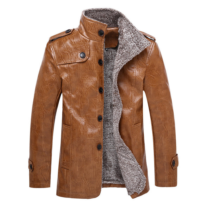 Herren Texturierte Kunstleder-Midlayerjacke mit Teddyfleece-Innenfutter, Stehkragen und Schulterpatten Echoarchiv