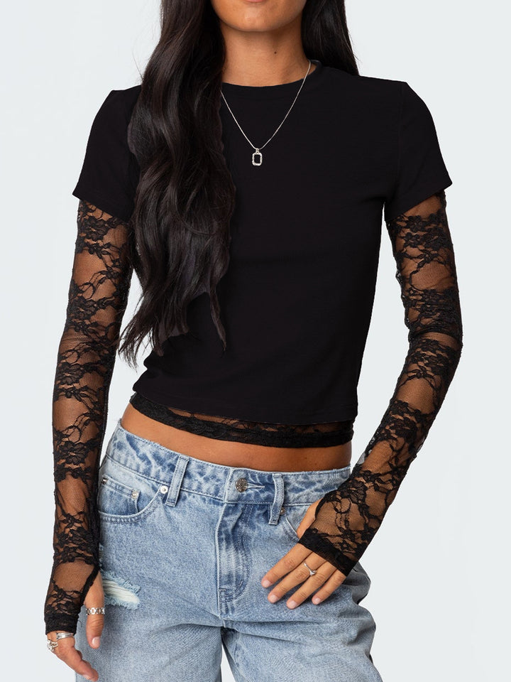 Damen Kurzgeschnittenes T‑Shirt mit transparenten Spitzenärmeln – Avérine