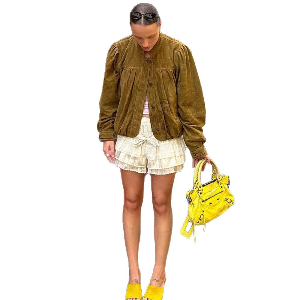 Damen Kurze Velourslederjacke mit Faltenlegung, Puffärmeln & Knopfleiste Echoarchiv