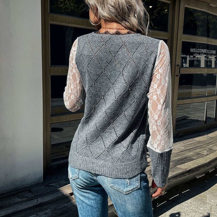 Damen Lässiger Feinstrickpullover mit Ajour‑Rautenmuster, transparenten Spitzenärmeln und gerippten Bündchen Echoarchiv