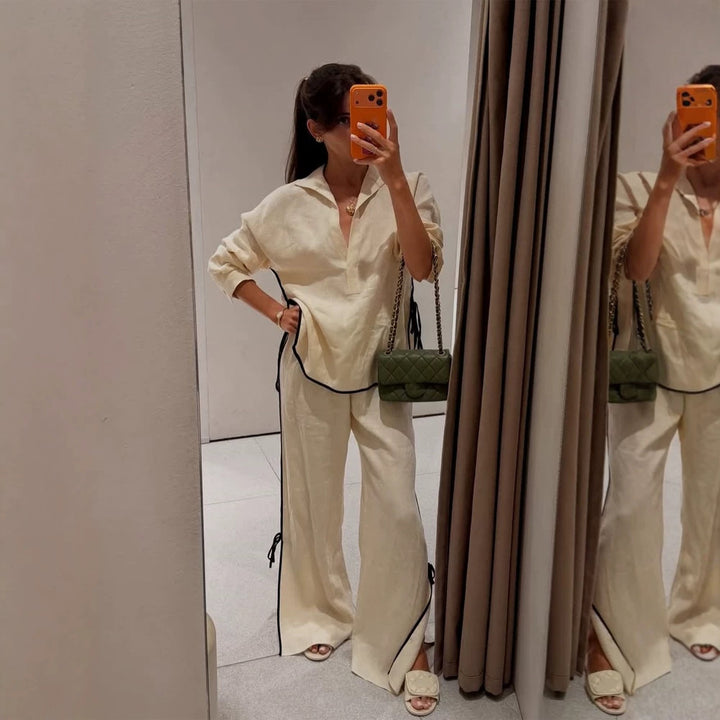 Damen Leichtes Leinen-Loungewear-Set mit weitem Bein, Hemdkragen & Kontrastpaspel Echoarchiv