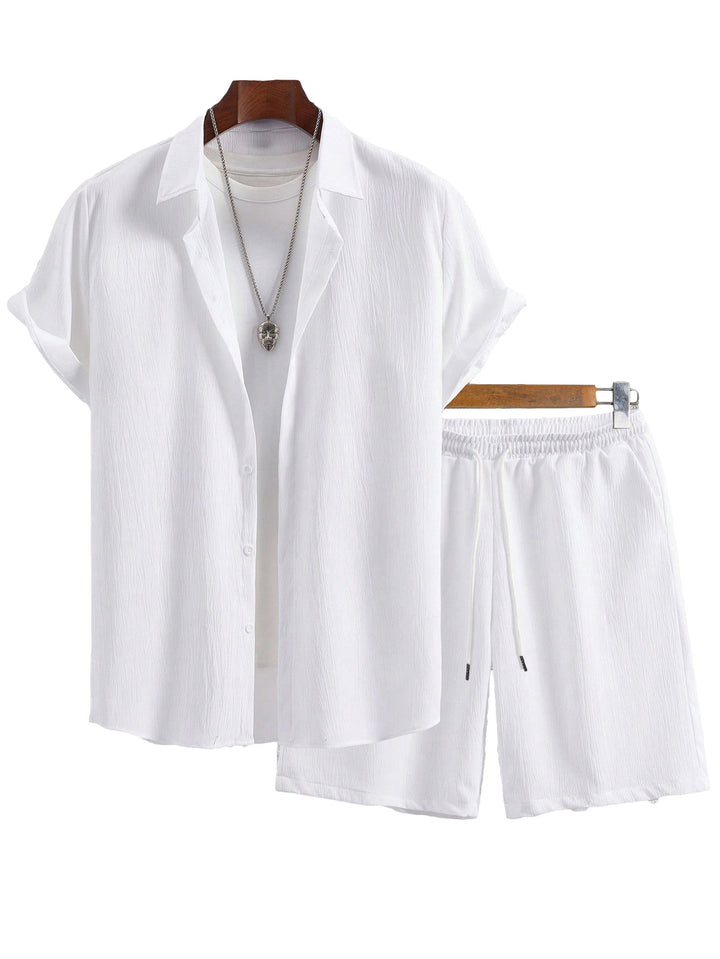 Herren nan Crinkle-Lounge-Set mit offenem Revershemd, integriertem Kurzarm-T-Shirt und Kordel-Bermuda Echo Archiv