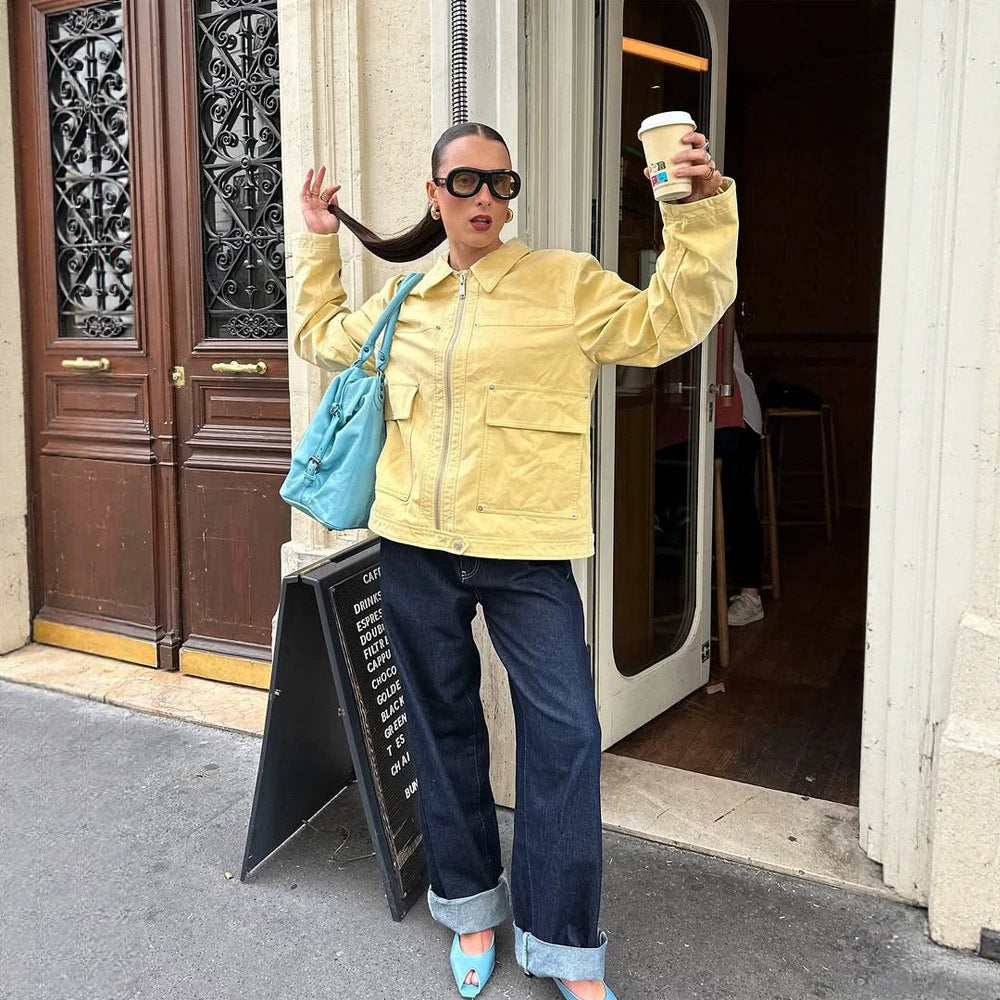 Damen Boxy-Canvas-Jacke mit Reißverschluss, Pattentaschen und Taillen-Zug Echoarchiv