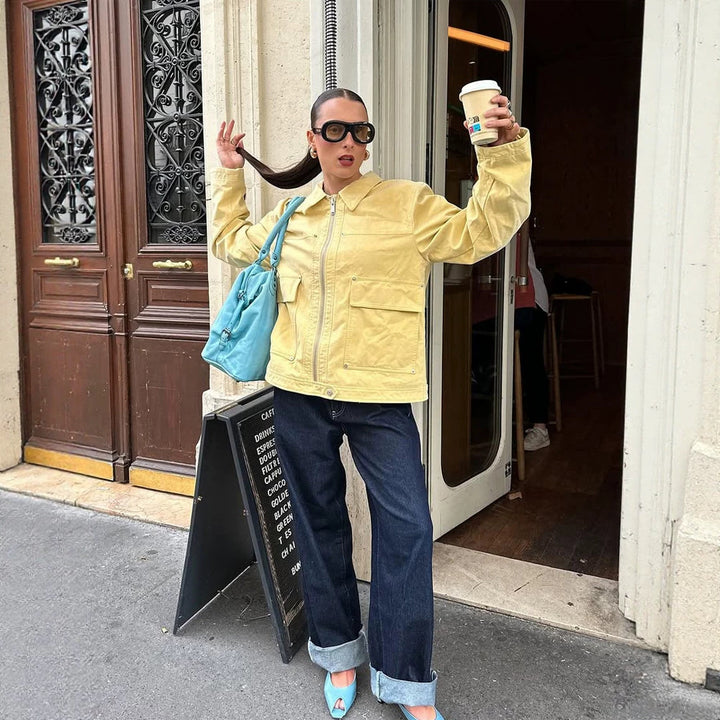 Damen Boxy-Canvas-Jacke mit Reißverschluss, Pattentaschen und Taillen-Zug Echoarchiv