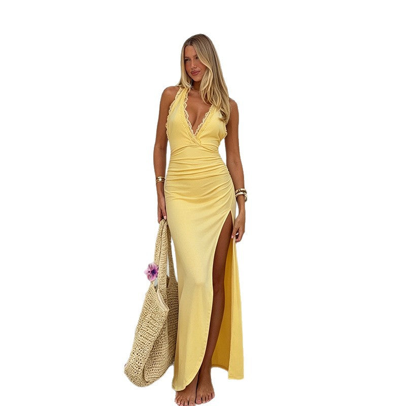 Damen Maxikleid mit tiefem V-Ausschnitt und seitlichem Schlitz Echo Archiv