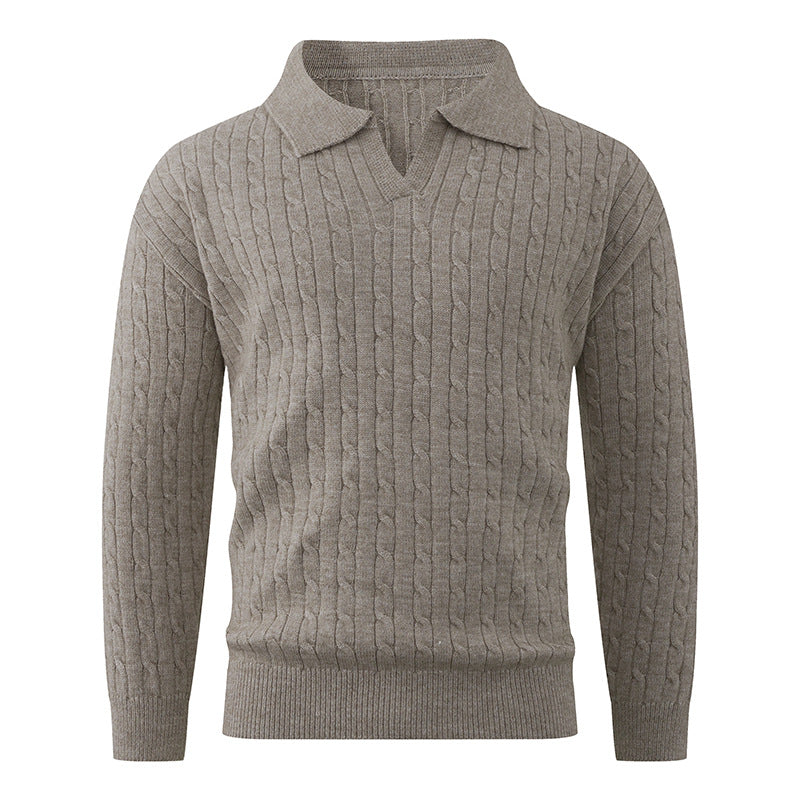 Herren Kabelstrick-Polo-Pullover mit V-Ausschnitt und Zopfmuster Echo Archiv