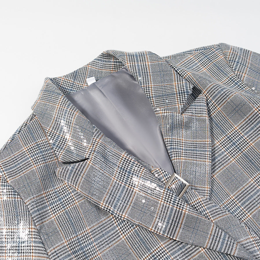 Damen Oversize Glencheck-Blazer mit einreihiger Knopfleiste, Pattentaschen und dezentem Paillettenbesatz Echo Archiv