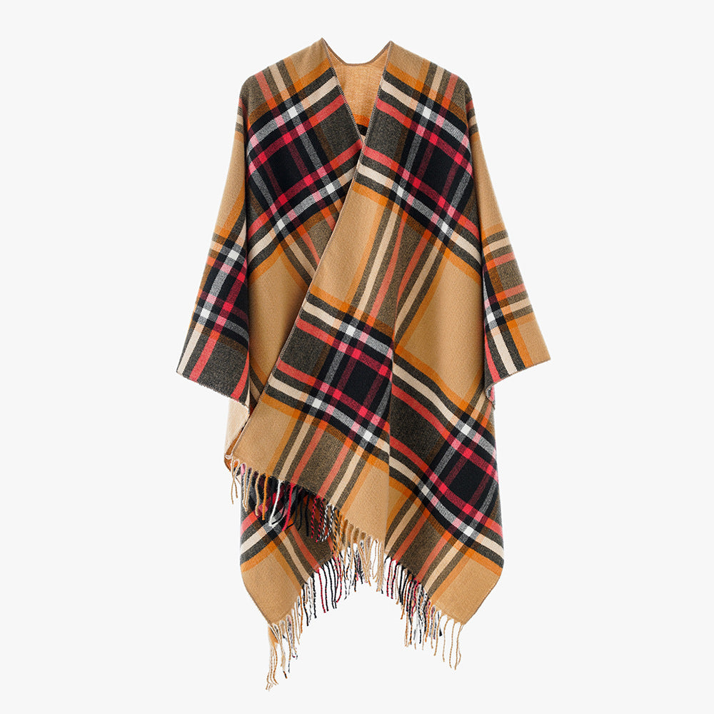 Damen Karierter Oversize-Überwurfponcho mit V-Ausschnitt und Fransensaum – Avérine
