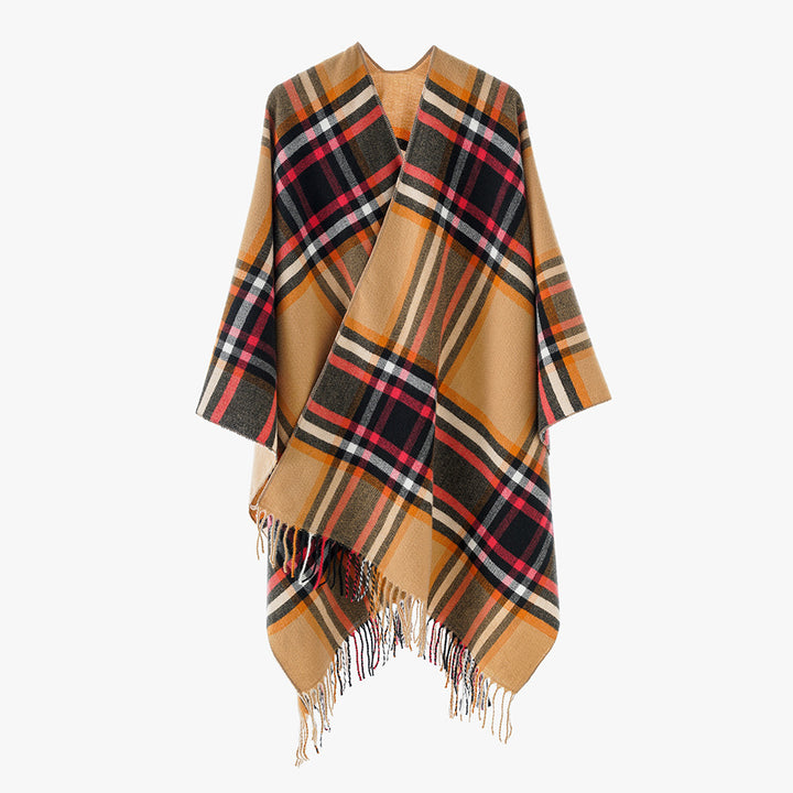 Damen Karierter Oversize-Überwurfponcho mit V-Ausschnitt und Fransensaum – Avérine