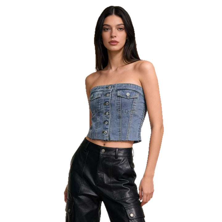 Damen Denim Bustier-Top mit Knopfdetail und Fransen Echo Archiv