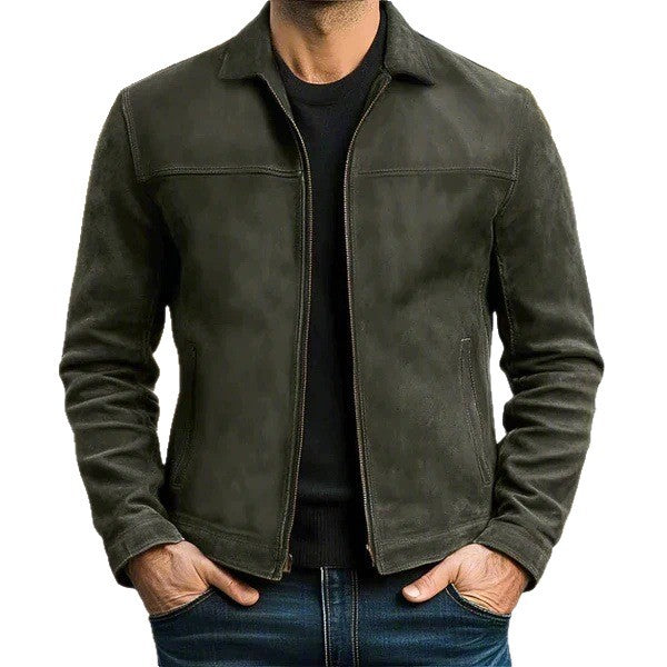 Herren Vintage Velourslederjacke mit schmaler Passform und Reißverschluss – Valtoré