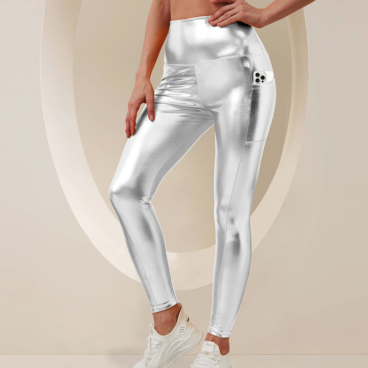 Damen Glänzende High-Waist Sculpting-Leggings mit seitlicher Multifunktions-Tasche echoarchiv-