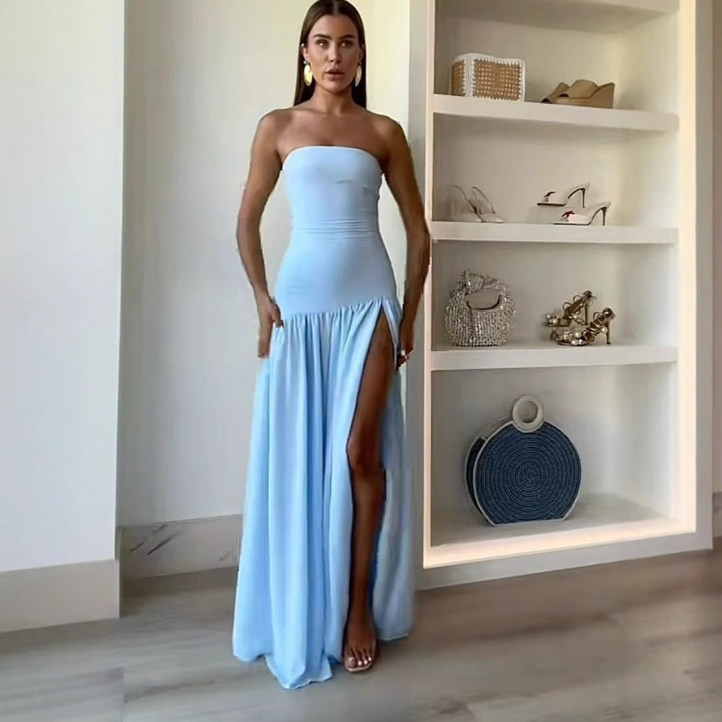 Damen Charmantes schulterfreies Maxikleid mit hohem Schlitz und fließendem Faltenrock Echo Archiv