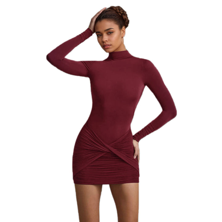 Damen figurbetontes Langarm-Minikleid mit Stehkragen, taillierter Sculpting-Silhouette und gerafftem Twist‑Rock – Élara