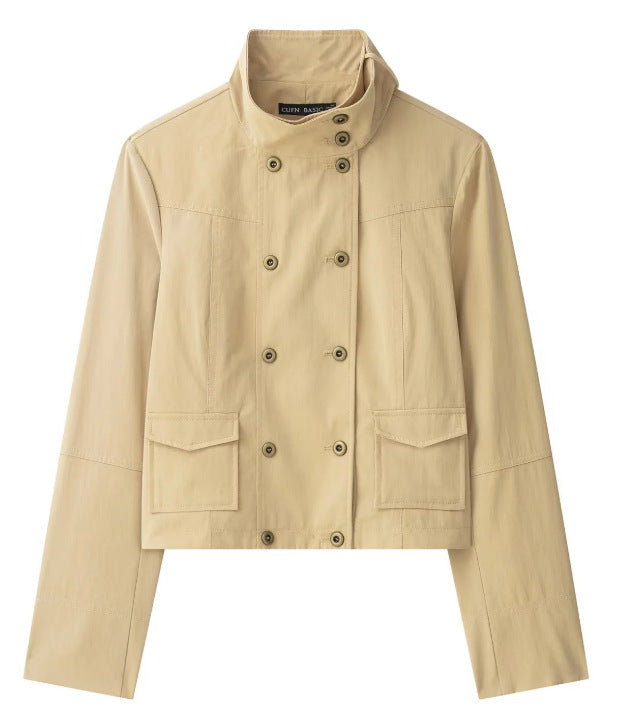 Damen Cropped Doppelreihige Kurzjacke im Blousonstil mit Stehkragen und Pattentaschen Echo Archiv