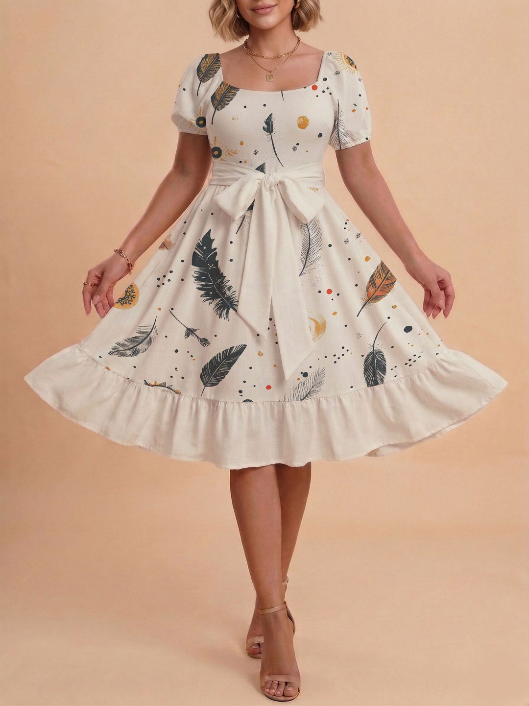 Damen Midikleid mit verspieltem Druck und tailliertem Schnitt Echo Archiv
