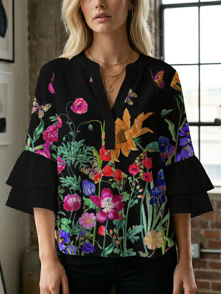 Damen lässige Bluse mit Volantärmeln und botanischem Druck Echo Archiv