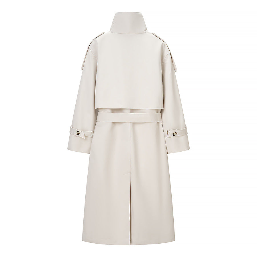Damen Langer doppeltgereihter Trenchcoat mit hohem Stehkragen und Taillengürtel Echo Archiv