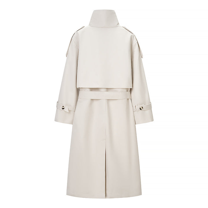 Damen Langer doppeltgereihter Trenchcoat mit hohem Stehkragen und Taillengürtel Echo Archiv