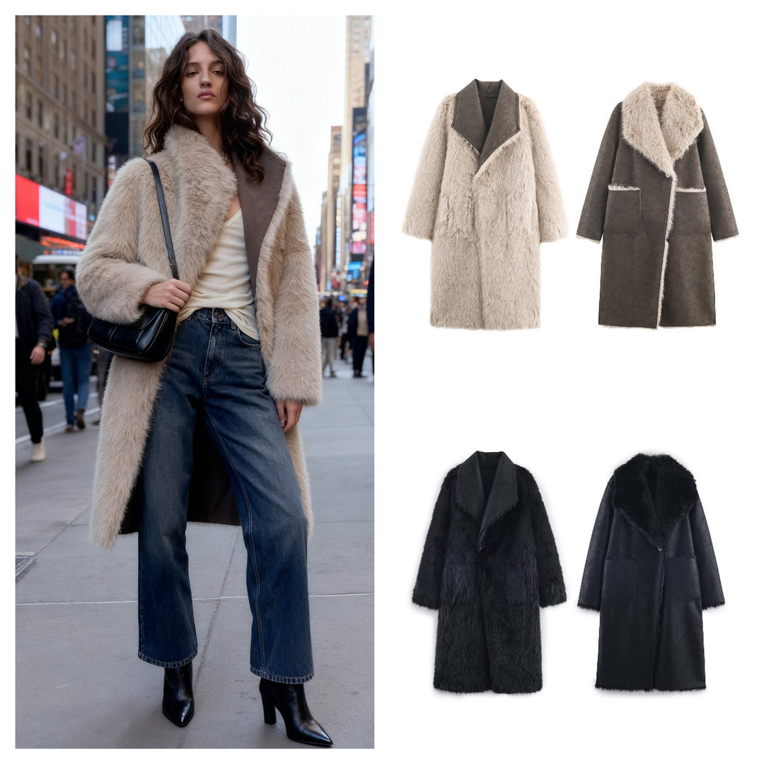 Damen Langer Wendbarer Kunstfell-Mantel mit Oversized-Schalkragen und aufgesetzten Taschen Echo Archiv