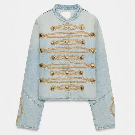 Damen Cropped-Jeansjacke im Military‑Stil mit dekorativer Kordelapplikation Echo Archiv
