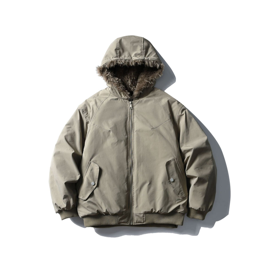 Unisex Boxy-wattierte Kurzjacke mit Kapuze und Kunstfellbesatz Echoarchiv