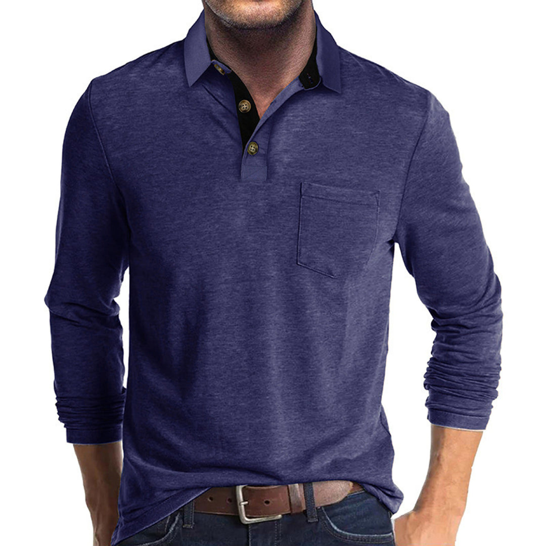 Herren langärmliges Polohemd mit Brusttasche, Kontrastknopfleiste und legerer Stretch-Passform – Cavello