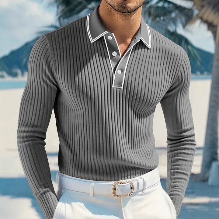 Herren nan schmal geschnittenes Rippstrick-Poloshirt mit Langarm, Kontrastpaspel und feiner Struktur Echo Archiv