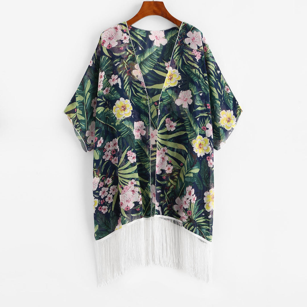 Damen Kimono mit floralem Design und Fransen Echo Archiv