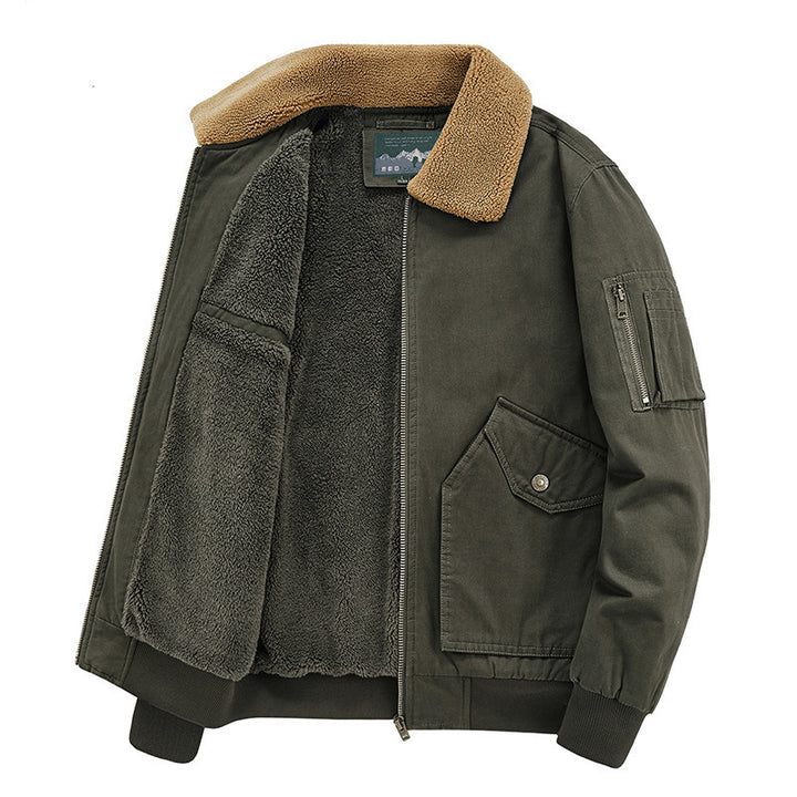 Herren Aviator-Bomberjacke aus Canvas mit Sherpa-Kragen, Teddyfutter und Multifunktionstaschen – Brevano