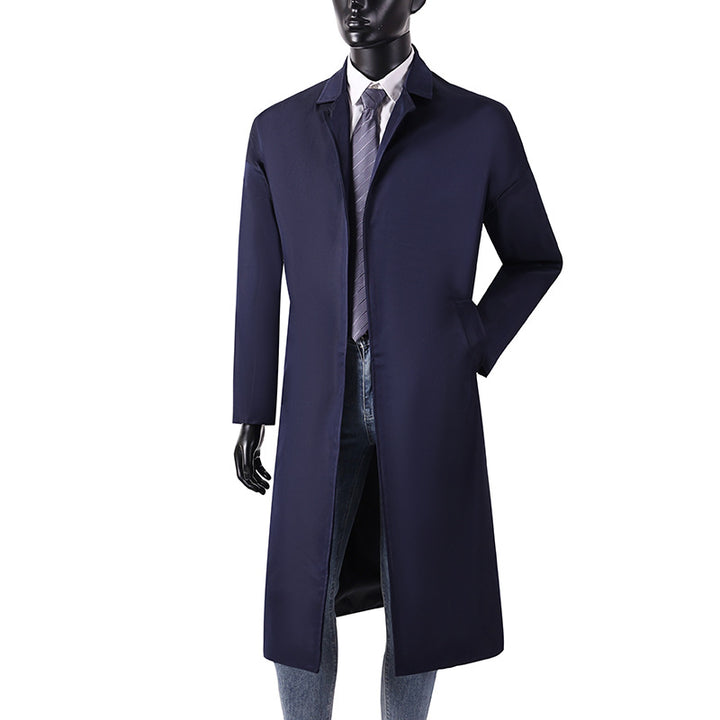Herren Langer Minimalistischer Trenchcoat mit verdeckter Knopfleiste und Seitentaschen Echoarchiv