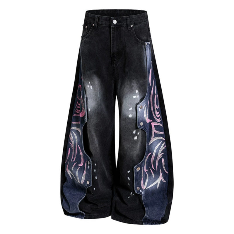 Damen High‑Waist weite Balloon‑Denim‑Culotte mit kontrastseitigen Artwork‑Paneelen Echoarchiv