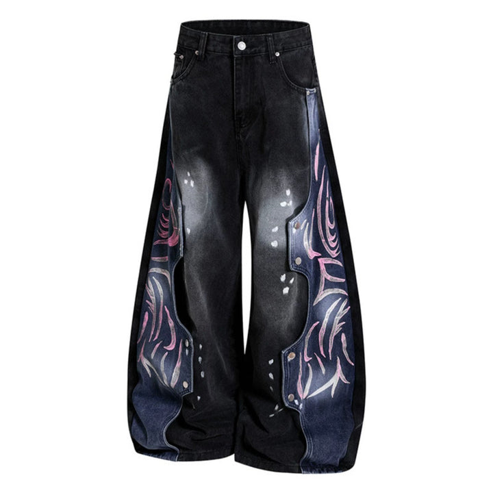 Damen High‑Waist weite Balloon‑Denim‑Culotte mit kontrastseitigen Artwork‑Paneelen Echoarchiv
