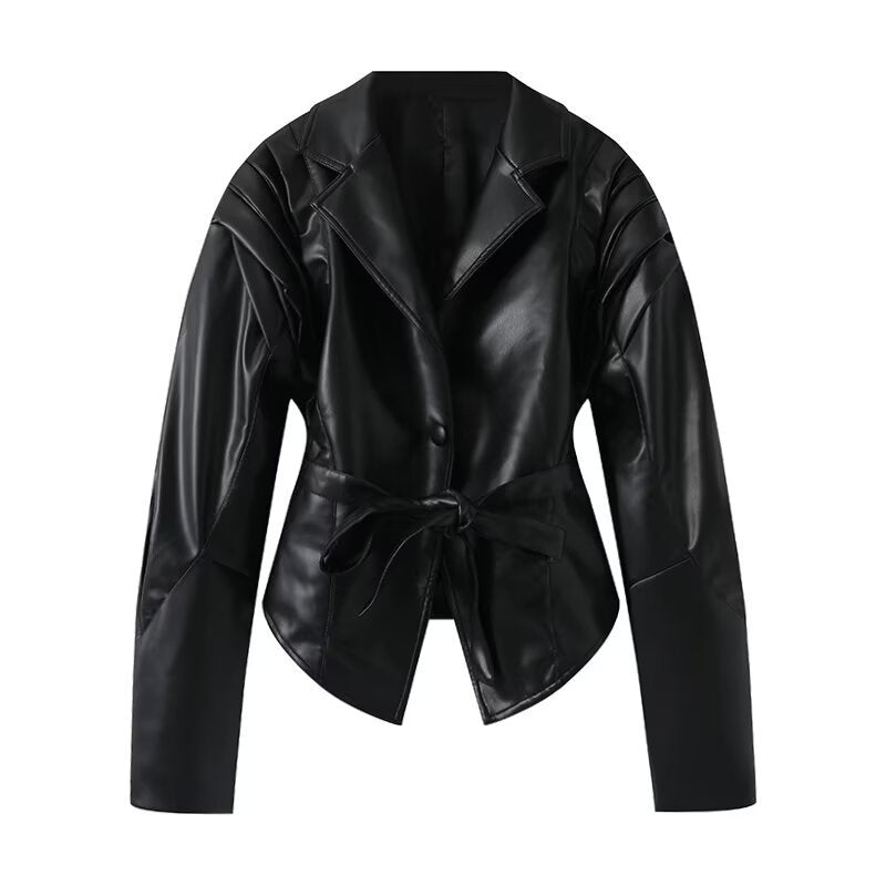 Damen Taillierte Wickeljacke aus Wildlederoptik mit Schulterplissee und Bindegürtel Echo Archiv