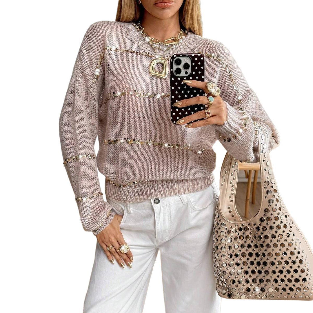 Damen Grobstrick-Pullover mit Paillettenstreifen, Oversize-Schnitt & Rundhalsausschnitt Echoarchiv